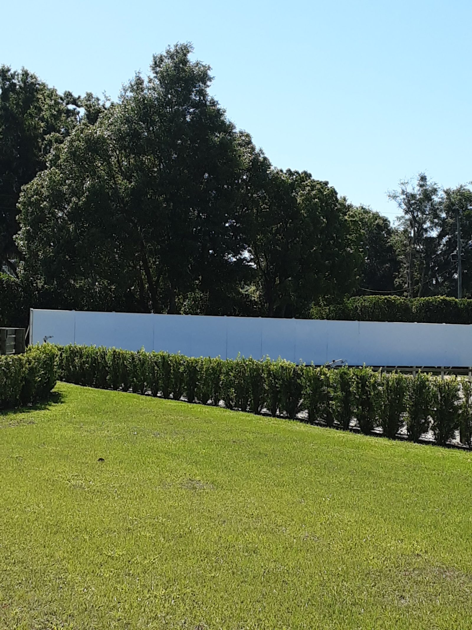 Long seamless ClearStride arena mirror wall set behind a manicured hedge